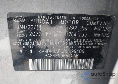2011 Hyundai Elantra Gls (Ulsan Plant) из США, поврежденный, VIN KMHDH4AE0BU099406